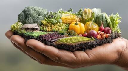 A hand holds a small patch of soil with various fresh vegetables, including broccoli, corn, tomatoes, and radishes. 