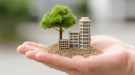 A hand gently cradles miniature buildings and a small tree on a bed of sand, symbolizing sustainable urban development.