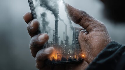Close up of a hand holding a smartphone displaying an image of an industrial landscape emitting dark smoke.