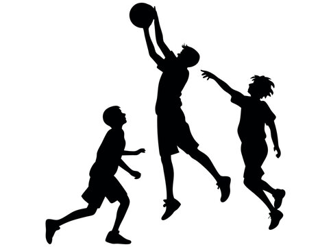 Silhouette of Children Playing Basketball, sport dynamic vector silhouette image shows three children engaged in a basketball game.Children, Kids, Basketball, Sport, Players, Action, Jumping, Running,