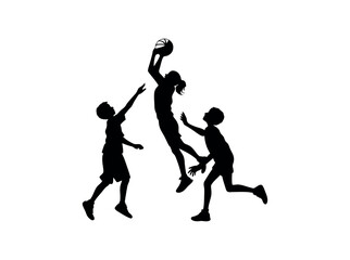 Fototapeta premium Silhouette of Children Playing Basketball, Dynamic silhouette of children playing basketball, showcasing various stages of the action. children, kids, boys, basketball, playing, sport, activity, jumpi
