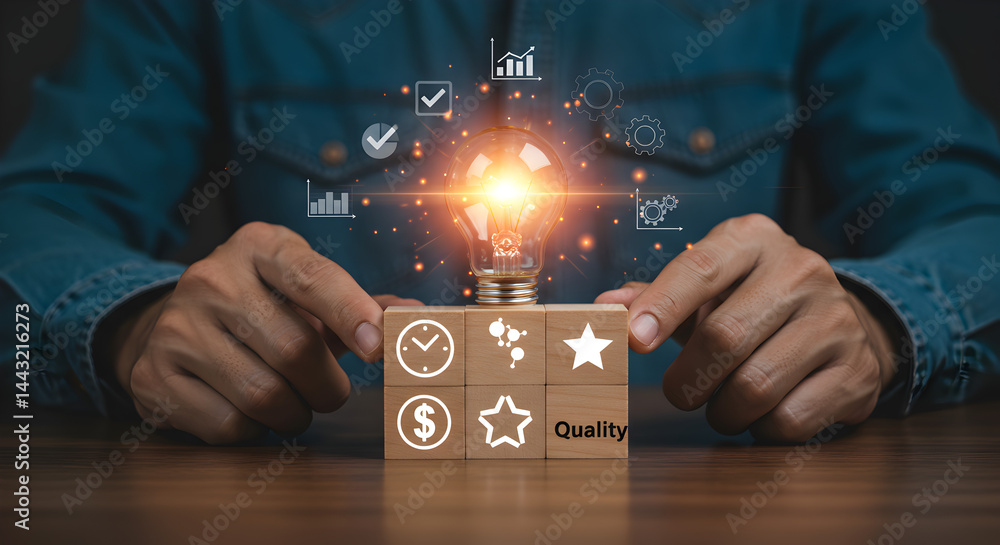 Poster man hands presenting glowing lightbulb with icon imagery and wooden blocks on table displaying busin