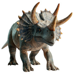 Fototapeta premium Triceratops Dinosaur: An imposing Triceratops dinosaur with three horns and a large frill stands on a white background. Its scaly skin and sharp horns create a powerful and intimidating presence.