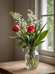 A bouquet of lily of the valley and red roses in a small vase sits on a table. The white bells are perfectly outlined with crisp, luminous contours.