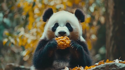 Obraz premium Adorable Panda Cub Enjoying a Yummy Snack in its Natural Habitat