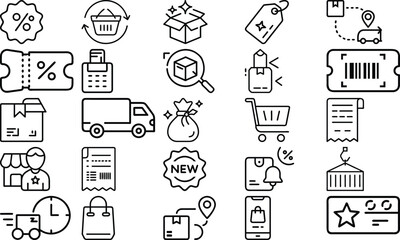  E-Commerce and Shopping Line Art Icons Vector Set.