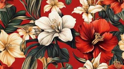 Fototapeta premium Vibrant Tropical Floral Paradise: A Seamless Pattern of Hibiscus and Exotic Blooms
