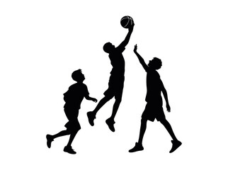 Silhouette of Children Playing Basketball, Dynamic silhouette of children playing basketball, showcasing various stages of the action. children, kids, boys, basketball, playing, sport, activity, jumpi