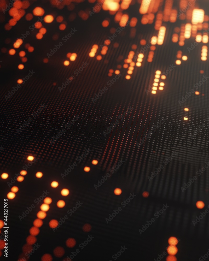 Poster abstract digital matrix background with glowing orange dots and dark carbon fiber texture for techno