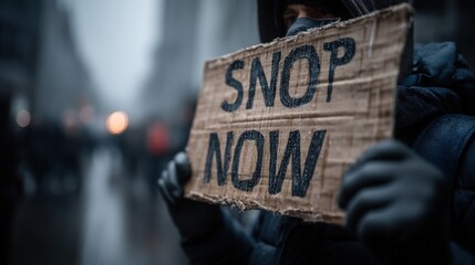 Person holding a cardboard sign that says 'Snop Now' during a protest in snowy weather.