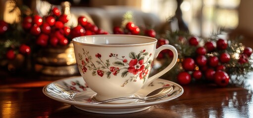 Fototapeta premium A Cozy Christmas Tea: Warmth, Comfort, and Festive Cheer in a Delicate Teacup