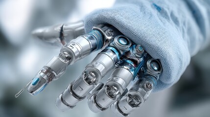 Close up of a robotic hand in a light blue sleeve, holding a syringe. Metallic, detailed textures.