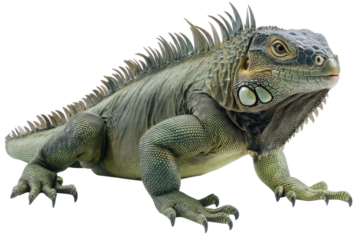 common green American iguana - Iguana iguana - is a large, arboreal, mostly herbivorous species of lizard Isolated on white background. PNG