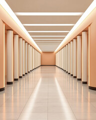 Fototapeta premium Symmetrical corridor with white columns, peach walls, glowing ceiling lights, and glossy tiled floor, modern and calm