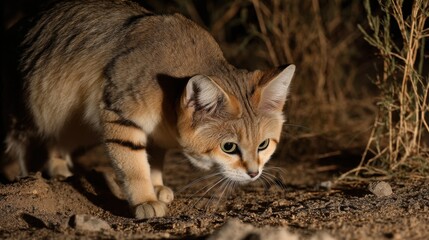 Sand Cat on the Prowl: Desert Night Hunter