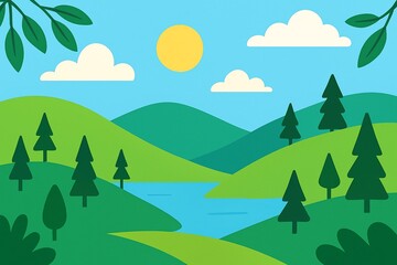 Obraz premium Flat Design Landscape Illustration with Hills and Lake