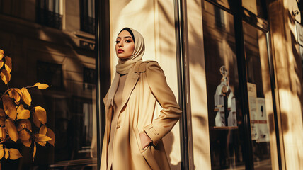 Naklejka premium A fashionable woman in her late 20s, Middle Eastern descent, smooth caramel-toned skin, bold eyeliner, hijab styled elegantly in silk beige
