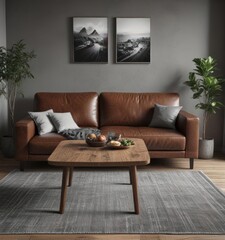 Brown leather couch, wooden dining table, black & white photos, grey walls ,  contemporary,  modern dining,  interior design