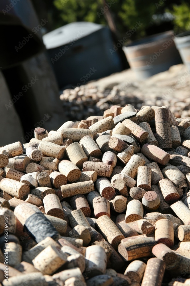 Poster rustic wine corks piled high in a vineyard setting capturing the essence of winemaking and the art o
