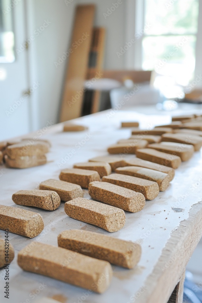 Poster rows of rectangular cork stoppers on a rustic tabletop in a bright workshop setting with natural lig
