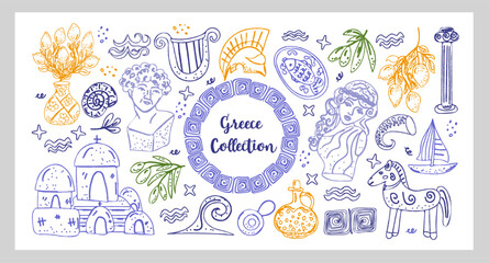 Greece Collection Hand drawn line art chalk and charcoal vector Mediterranean illustrations inspired by Greece architecture, statues, olive branches, lemons, pottery, sea elements, and mythical vibes.
