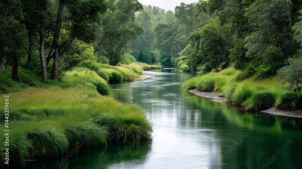 Poster lush green trees line a tranquil river, reflecting the foliage above. soft grasses gently sway along
