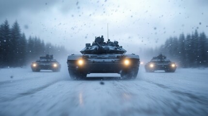 Military tanks advance through snow-covered landscape amidst falling flakes in a cold environment during winter operations