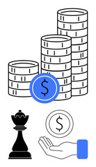 Stacked coins, dollar sign on blue coin, chess piece as strategy, and open hand symbolize investment, wealth, planning, business growth, financial strategy, decision-making and simple landing page