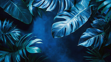 Naklejka premium Dark Tropical Leaf Shadows on Deep Blue Background