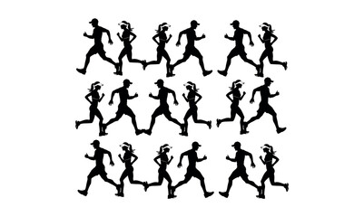Running Silhouettes of Men and Women in Various Running Positions, fitness, sport, exercise, runners, marathon, triathlon, healthy lifestyle, running, vector black silhouettes of men and women running