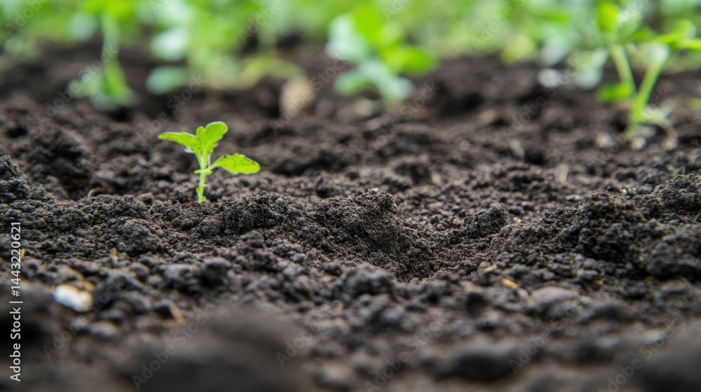 Poster tender sprout emerging from rich soil symbolizing new beginnings and growth in the garden with soft 