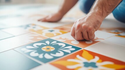 A person carefully places and adjusts decorative ceramic tiles with vibrant patterns on a renovated floor, showcasing skilled craftsmanship and attention to detail