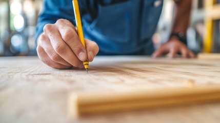 Skilled carpenter measuring and marking wooden surface in workshop during daylight to create precise woodworking project