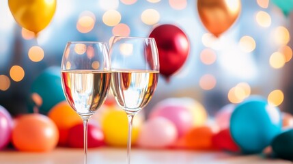 Celebration with champagne glasses and colorful balloons at a festive gathering during the evening