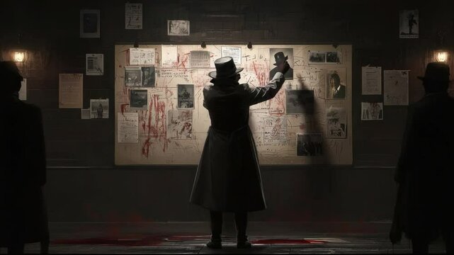 Dark Atmospheric Scene with Mysterious Figure Analyzing Clue Board in Dimly Lit Room