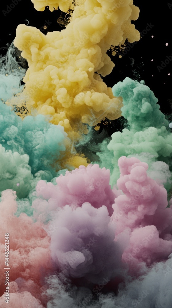 Poster ethereal pastel smoke explosion on black background creating a dreamy and abstract visual experience