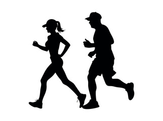Silhouette of a Man and Woman Running,  dynamic silhouette image shows a man and a woman running, conveying a sense of health and activity. healthy lifestyle, active, sport, athlete, jogging, marathon