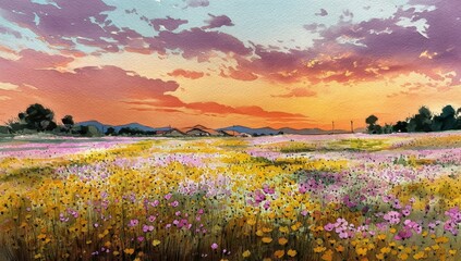 Vibrant Sunset over a Field of Blossoms