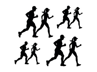 Running Silhouettes of Men and Women in Various Running Positions, fitness, sport, exercise, runners, marathon, triathlon, healthy lifestyle, running, vector black silhouettes of men and women running