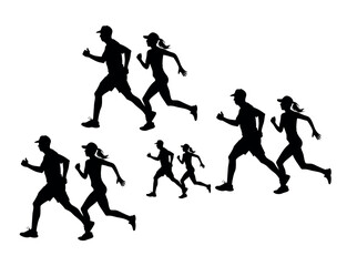 Running Silhouettes of Men and Women in Various Running set vector design Positions, A repeating pattern of black silhouettes of men and women running, pattern, sports apparel, activewear, active life