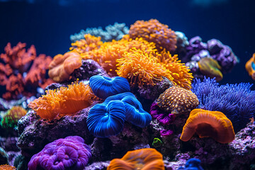 Obraz premium Generative AI closeup of vivid coral reef formation featuring colorful soft coral growth in a tropical underwater marine ecosystem