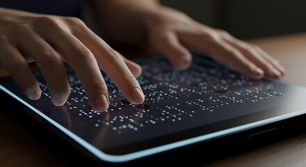 Blind person reading braille displayed on a haptic touchscreen device