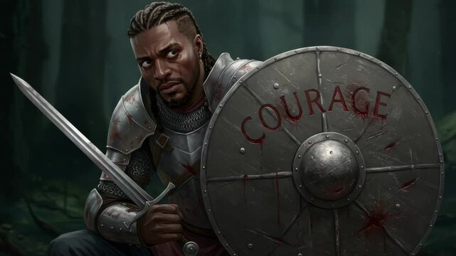 Courageous Medieval Knight - A wounded, dark-skinned knight sits pensively in a dark forest