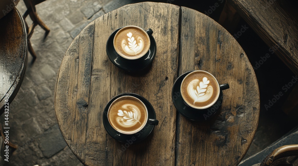 Poster three cups of latte art on a rustic wooden table creating a cozy and inviting atmosphere perfect for