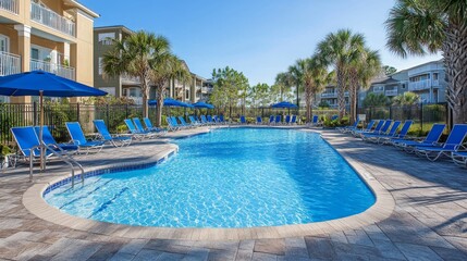 A blue swimming pool looks inviting in the summer sun. It has beach chairs, umbrellas, and a deck for relaxing at a resort. Perfect for a summer vacation!
