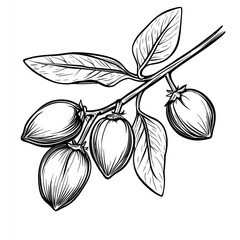 Ink drawing of jojoba plant branch with leaves and seed pods.