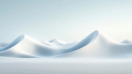 Abstract, minimalist, 3D landscape of gently rolling, sculpted white hills against a pale blue sky.  Smooth, flowing forms create a serene, tranquil ambiance