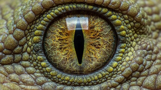 Extreme Close-up of Reptile Eye and Scaly Skin - A detailed macro photograph showcases the intricate textures of a reptile's eye and surrounding scales. The image highlights the vibrant colors and uni