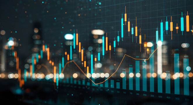Stock Market Graph Overlaying a Cityscape Background at Night with Blue and Orange Financial Chart