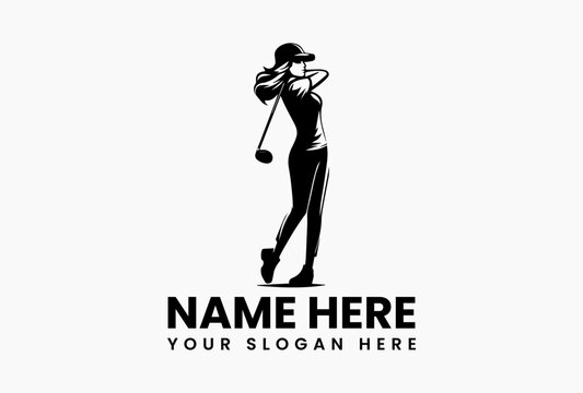 Abstract geometric woman golfer with angular club, modern logo for tech-driven training programs 